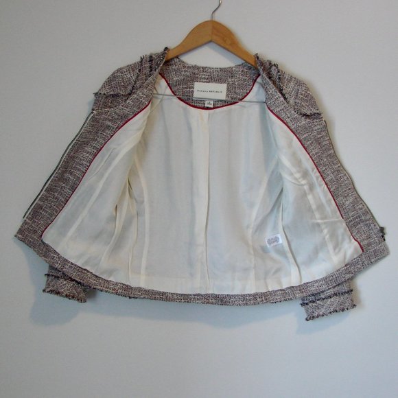 Banana Republic Tweed Linen Blend Jacket Blazer Fringe Collarless Size 4 - Picture 6 of 16